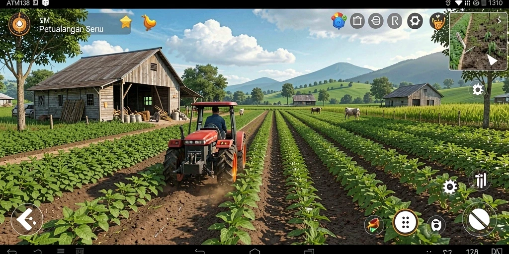 Screenshot gameplay ATM138 yang menampilkan proses bertani.
