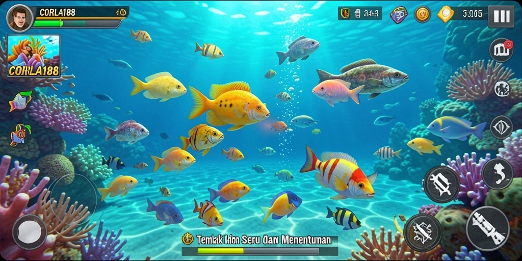 Tampilan gameplay seru saat menembak ikan di bawah laut.